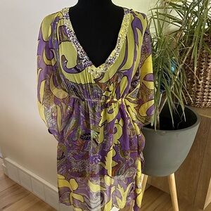 Folia Swim Sheer Beach Cover-Up Yellow and Purple Dress with Sequin Detail - Med